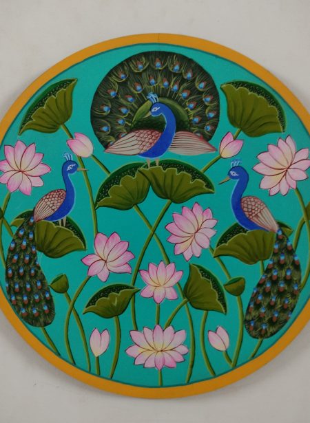 Pichwai peacock Wall plate - Aqua green